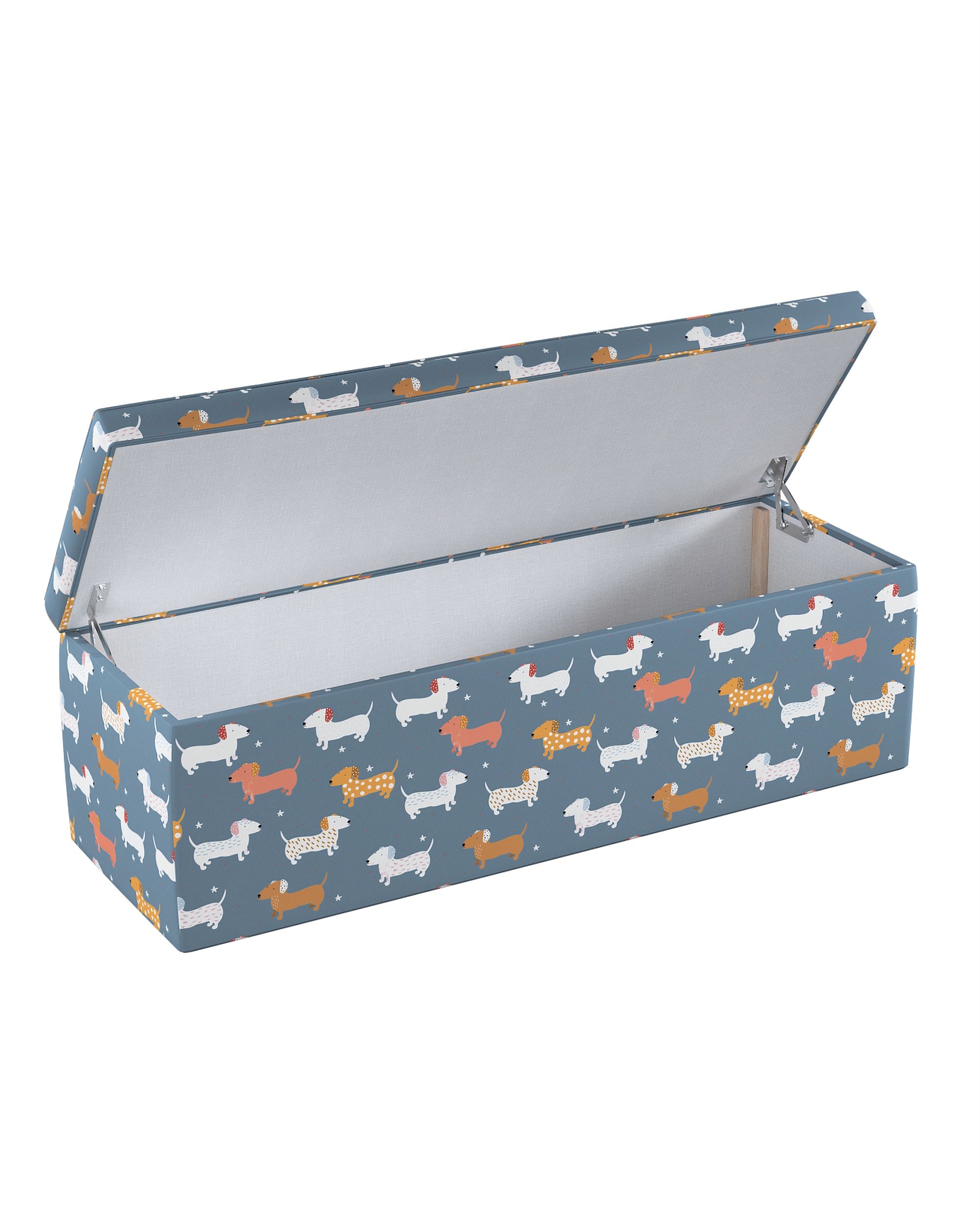 Čalouněný úložný sedací box barva modrá látka vzorované