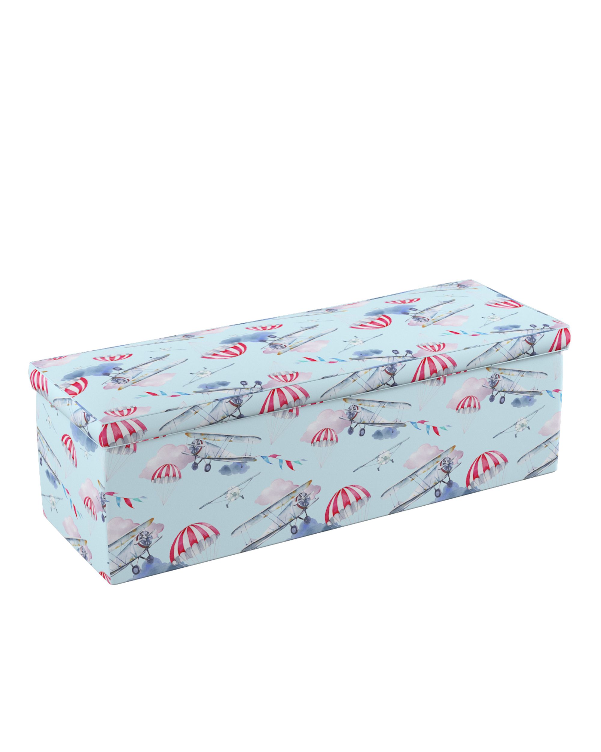 Čalouněný úložný sedací box barva modrá látka vzorované
