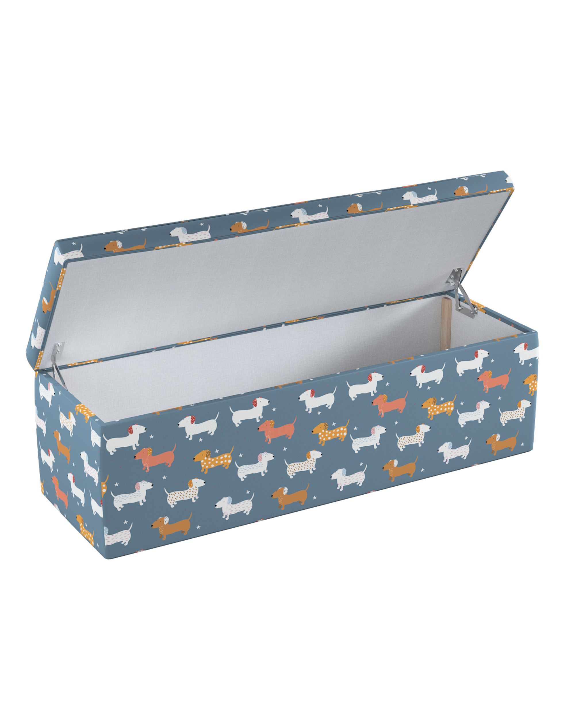 Čalouněný úložný sedací box barva modrá látka vzorované